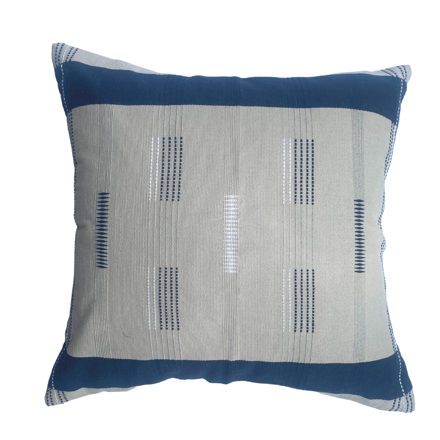 MAYA CUSHION - GREY BASE WITH NAVY BLUE AND WHITE MOTIFS