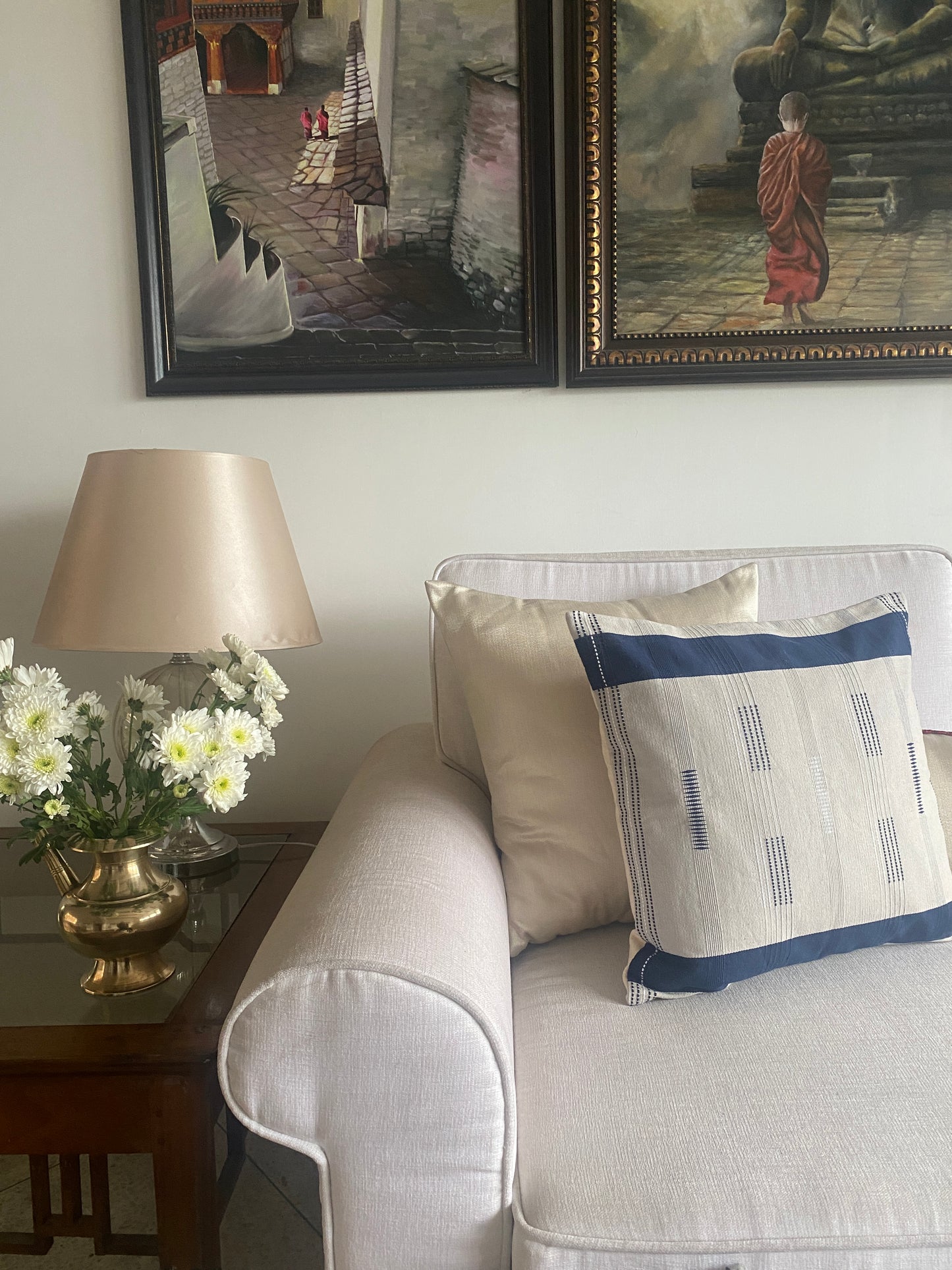 MAYA CUSHION - GREY BASE WITH NAVY BLUE AND WHITE MOTIFS