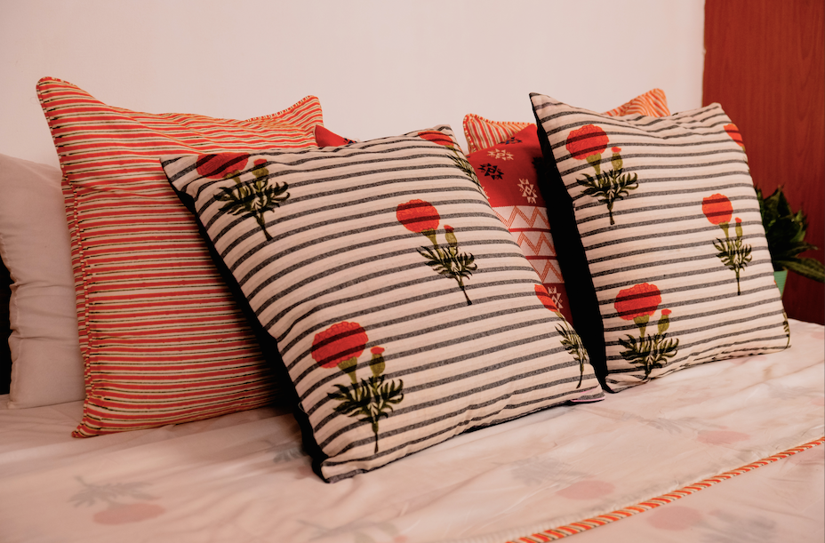 GENDA HANDBLOCK CUSHION - ORANGE WITH STRIPES