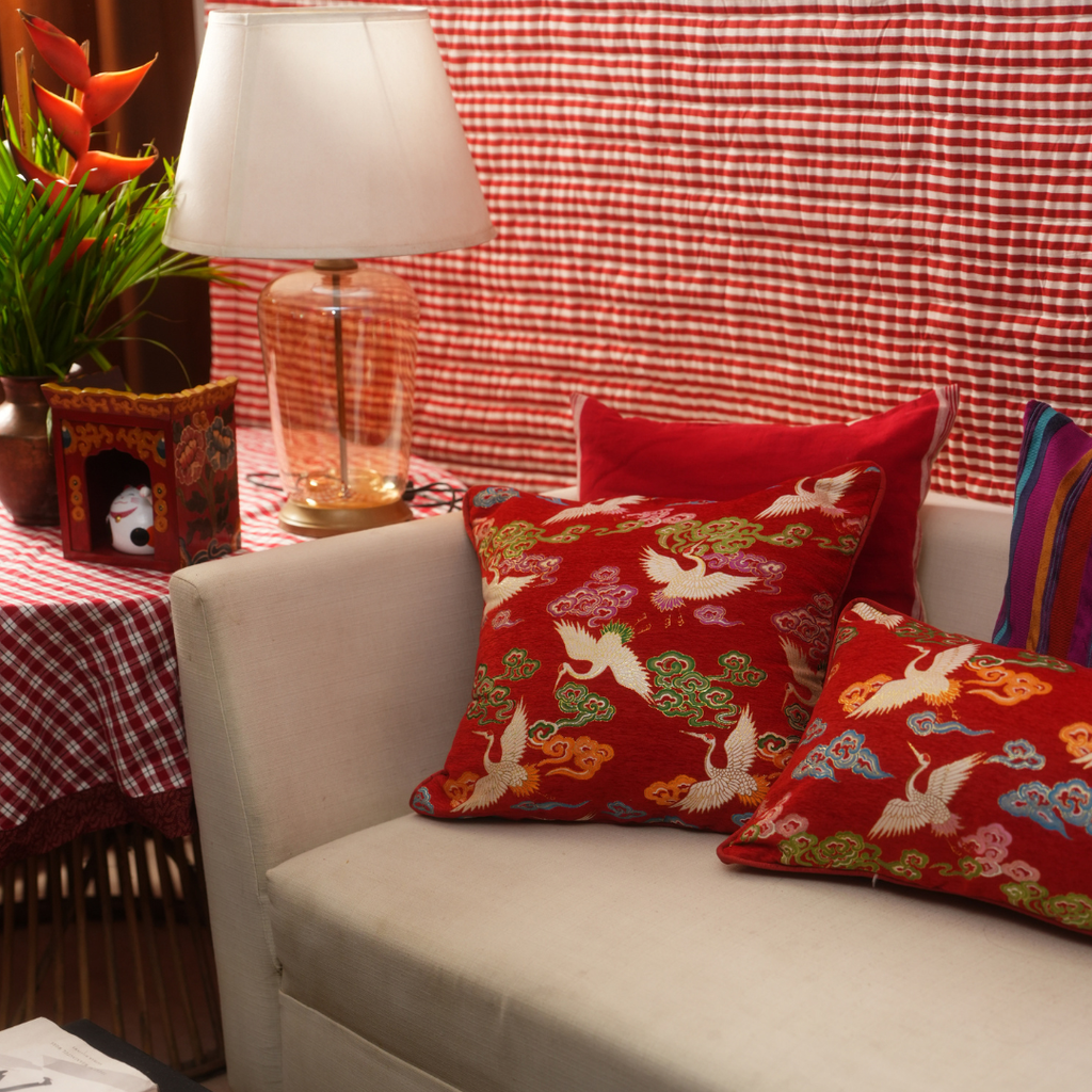 ANKA CELESTIAL SILK BROCADE CUSHION - VERMILION RED BASE