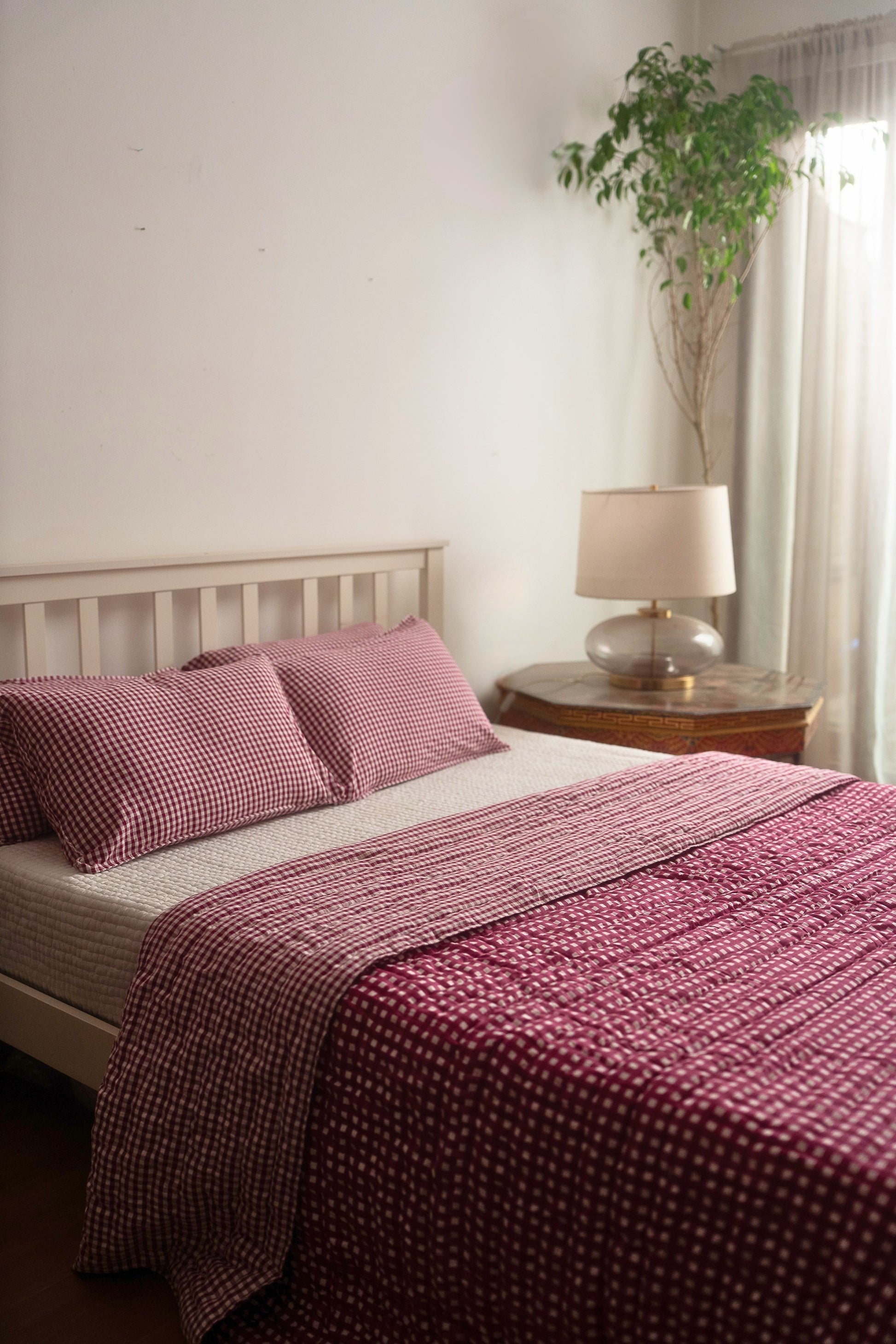 JAMUN CHECK AND STRIPE REVERSIBLE QUILT SET - BERRY
