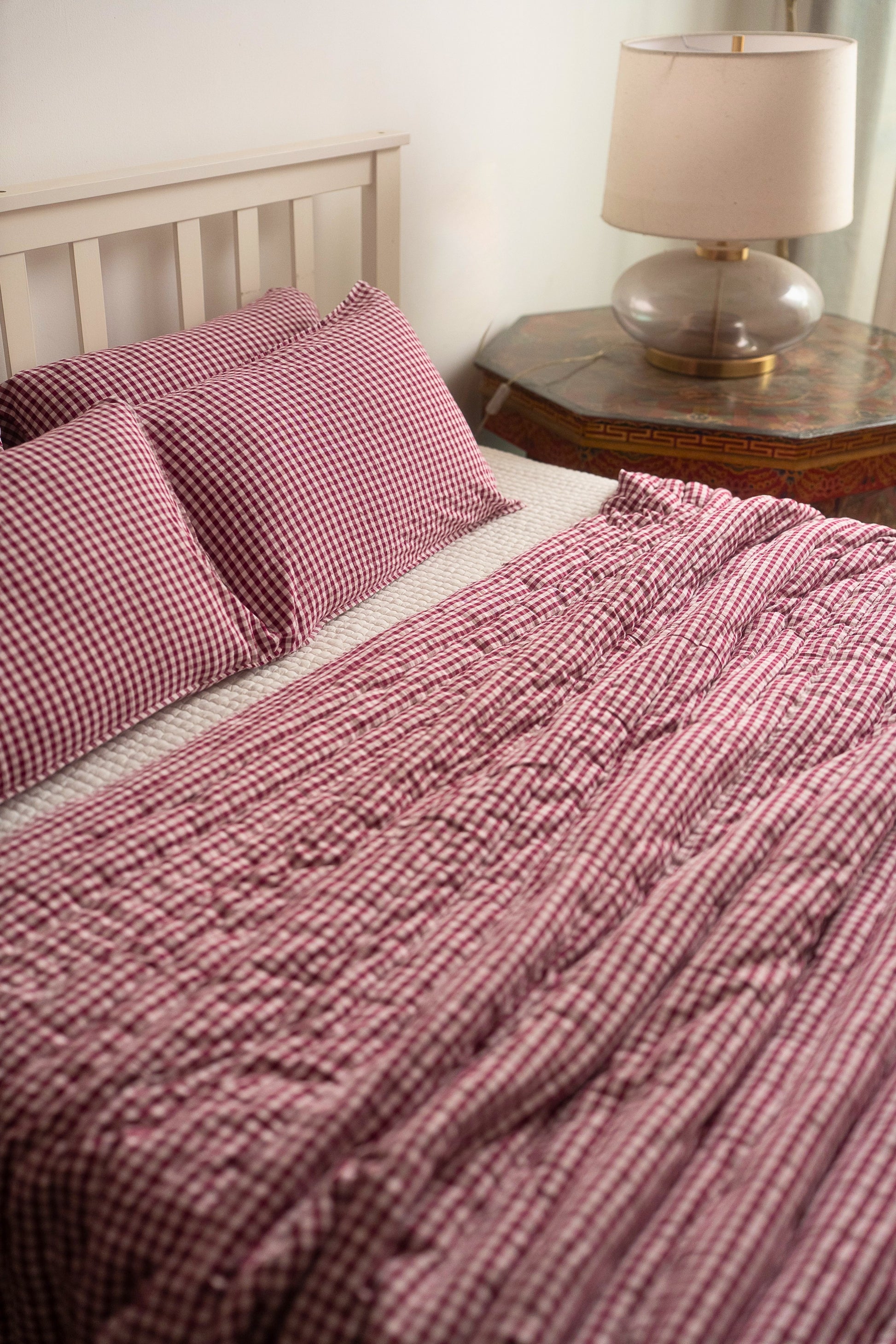 JAMUN CHECK AND STRIPE REVERSIBLE QUILT SET - BERRY