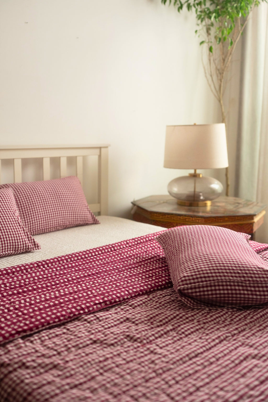 JAMUN CHECK AND STRIPE REVERSIBLE QUILT SET - BERRY
