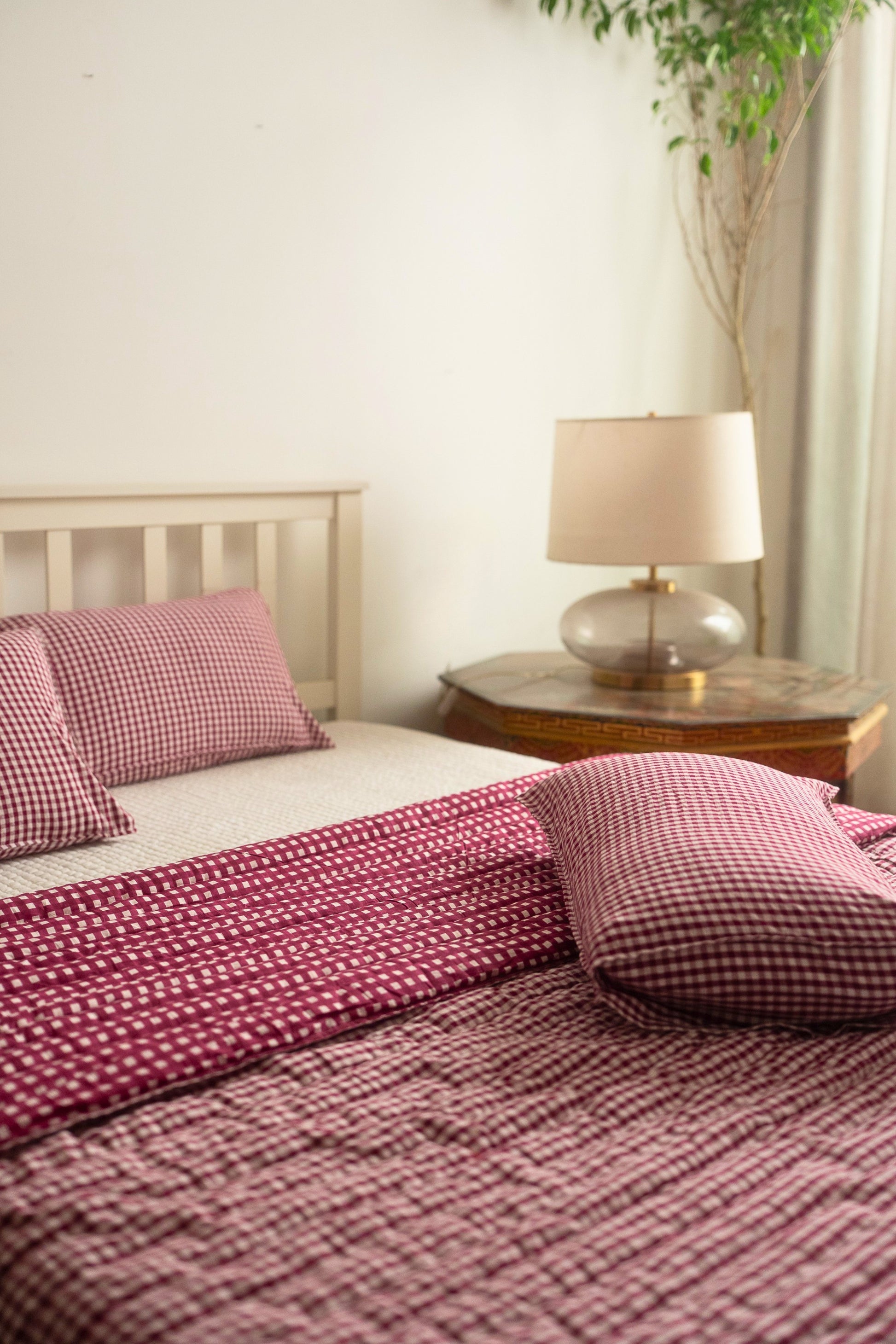 JAMUN CHECK AND STRIPE REVERSIBLE QUILT SET - BERRY