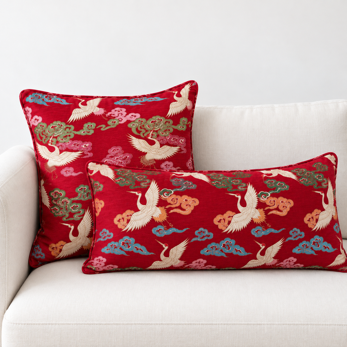 ANKA CELESTIAL SILK BROCADE CUSHION - VERMILION RED BASE