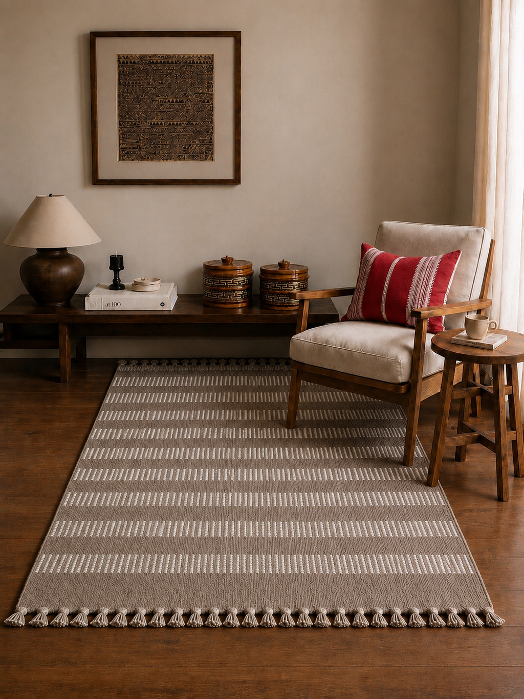 ARA HAND-KNOTTED RUG - TAUPE BASE WITH WHITE STRIPES