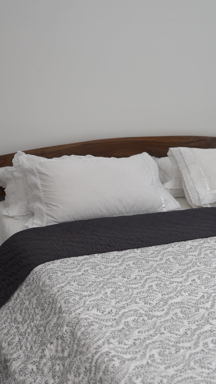 CHAAYA REVERSIBLE QUEEN SIZE QUILT - CHARCOAL GREY BLACK