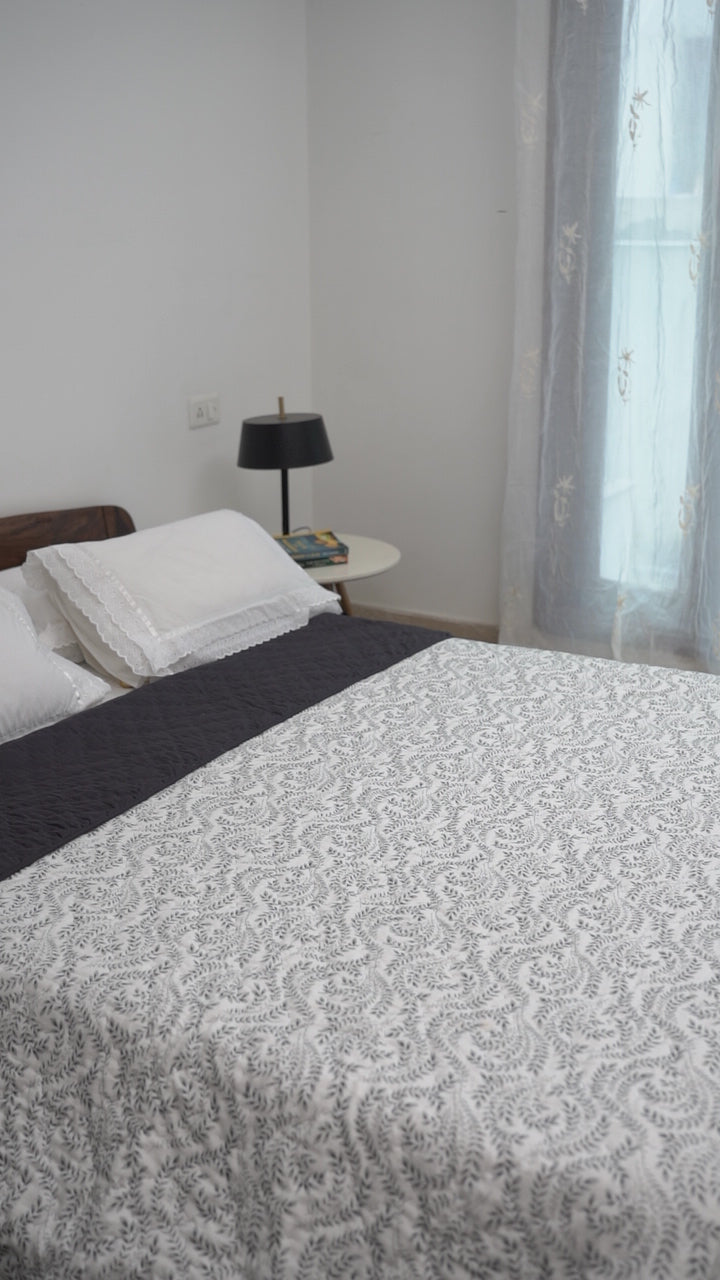 CHAAYA REVERSIBLE QUEEN SIZE QUILT - CHARCOAL GREY BLACK