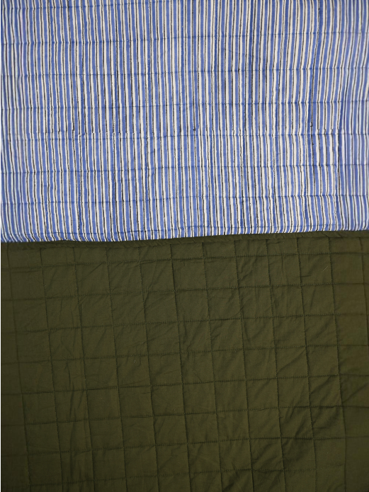 FERN REVERSIBLE QUILT SET - OLIVE GREEN WITH NAVY PINSTRIPES