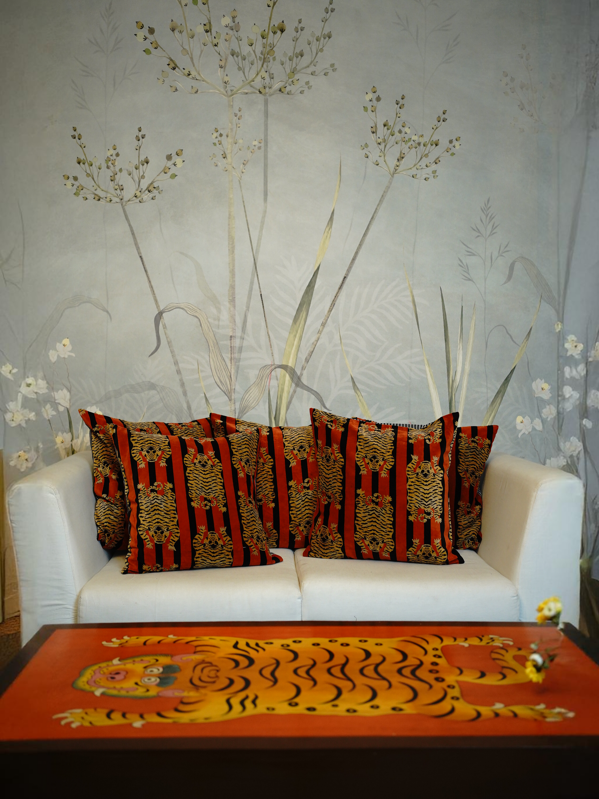 TIGER HAND PAINTED COFFEE TABLE - BROWN AND RUST
