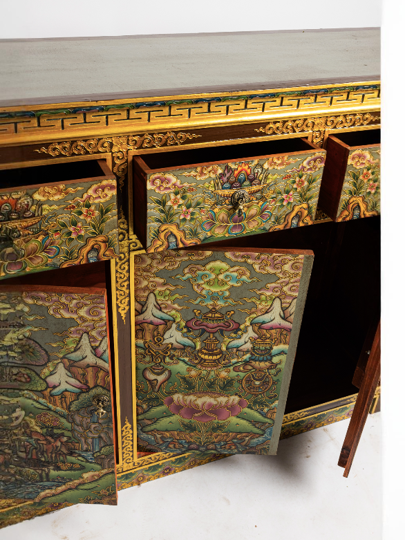 JATAKA TALES HAND-PAINTED CABINET - GREY WITH GOLD EMBELLISHMENTS