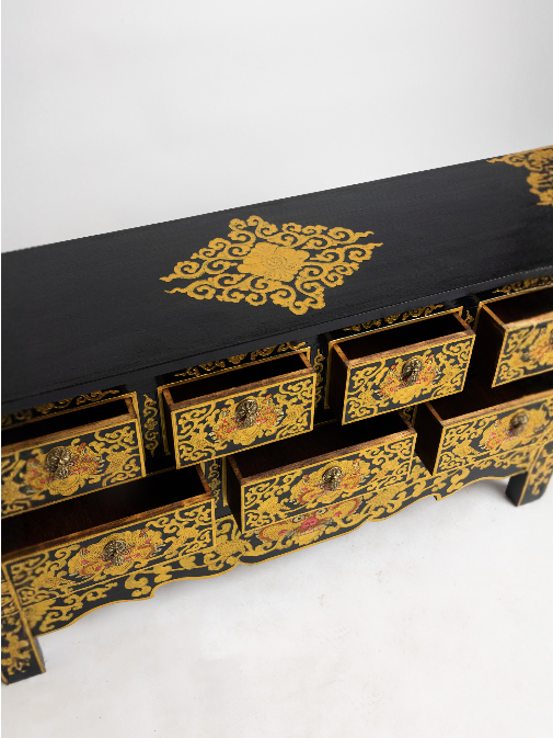 SONAM HANDMADE CONSOLE TABLE - BLACK WITH GOLD PAINTED LOTUS