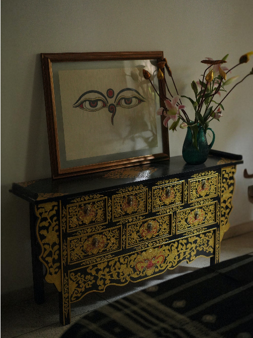 SONAM HANDMADE CONSOLE TABLE - BLACK WITH GOLD PAINTED LOTUS