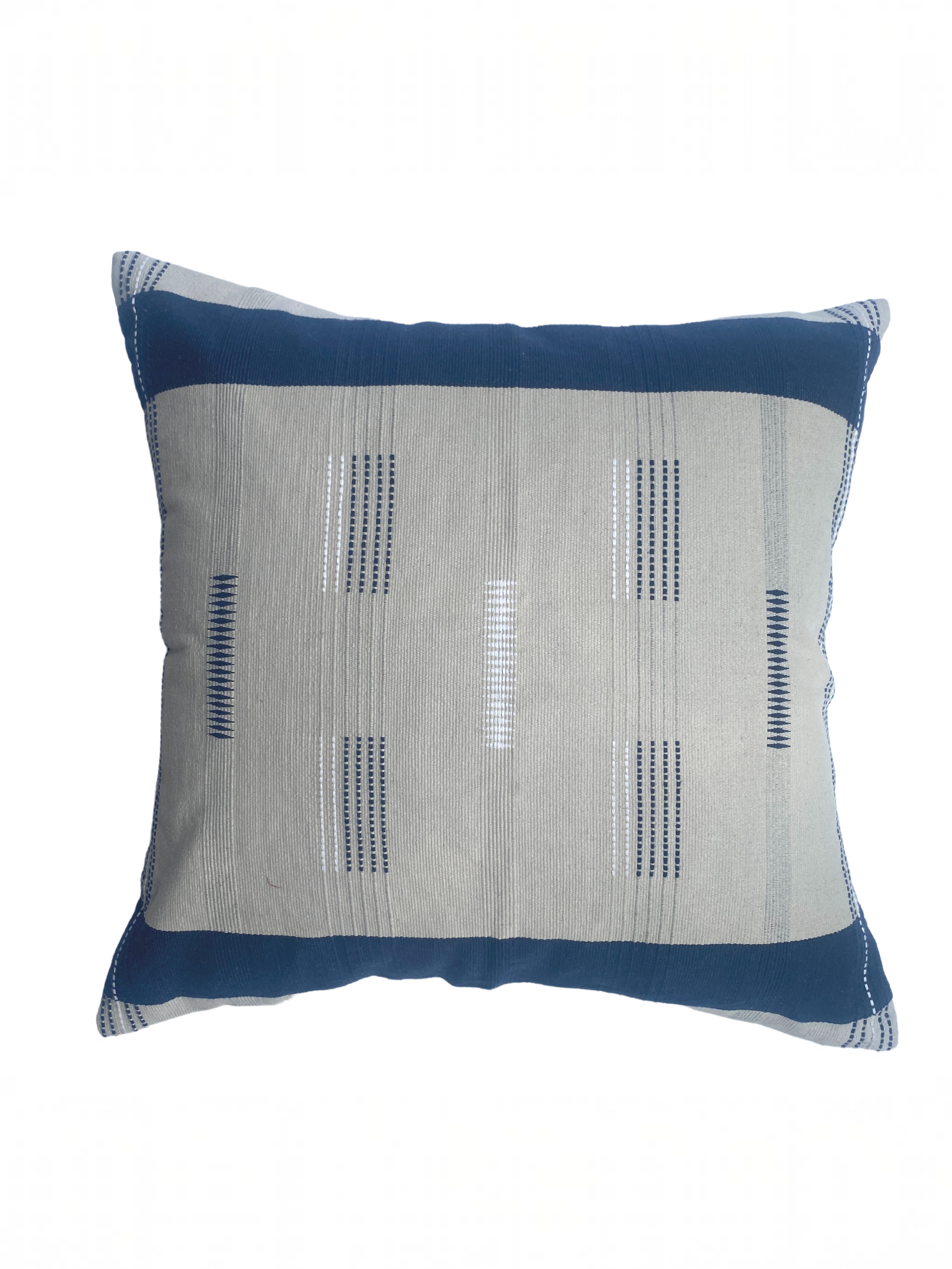 MAYA CUSHION - GREY BASE WITH NAVY BLUE AND WHITE MOTIFS
