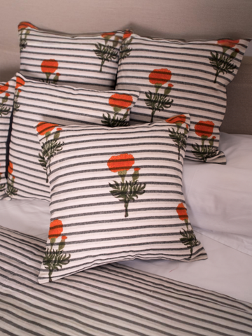 GENDA HANDBLOCK CUSHION - ORANGE WITH STRIPES