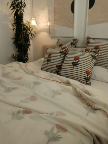 GENDA HANDBLOCK CUSHION - ORANGE WITH STRIPES