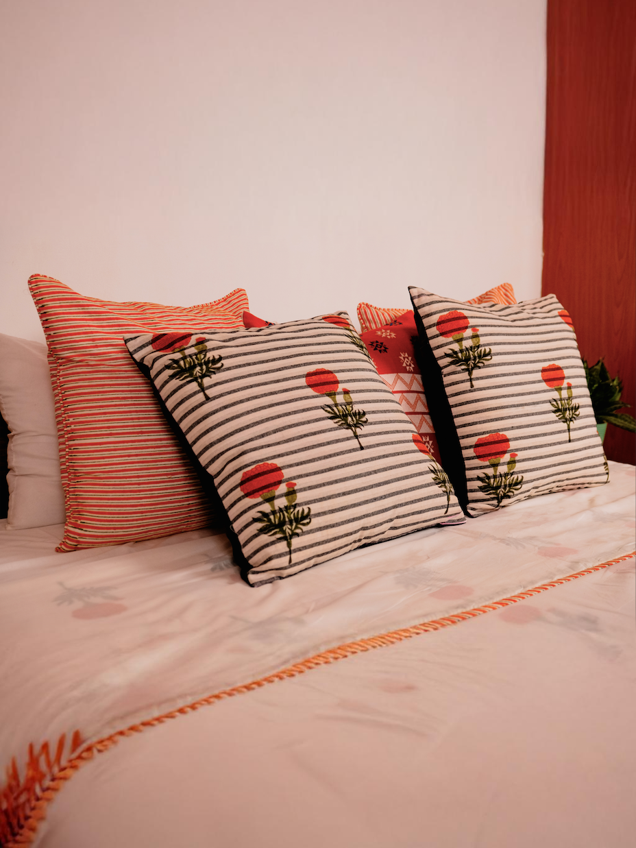 GENDA HANDBLOCK CUSHION - ORANGE WITH STRIPES
