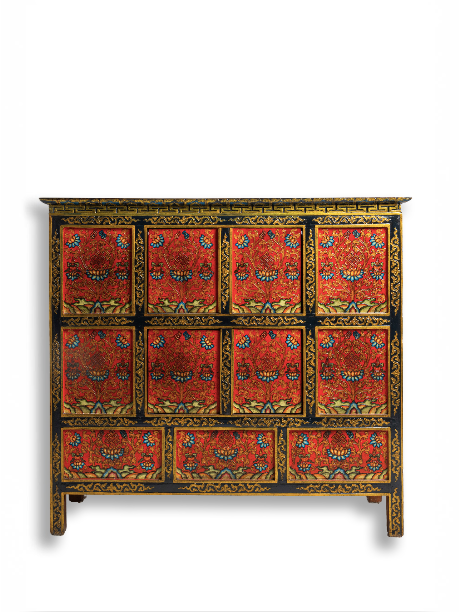 SHAKYA HAND-PAINTED CABINET - RED WITH BLACK BORDER AND BLUE LOTUS