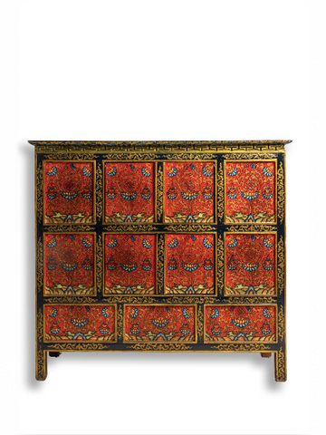 SHAKYA HAND-PAINTED CABINET - RED WITH BLACK BORDER AND BLUE LOTUS