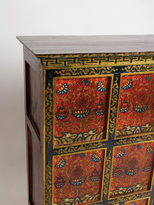 SHAKYA HAND-PAINTED CABINET - RED WITH BLACK BORDER AND BLUE LOTUS