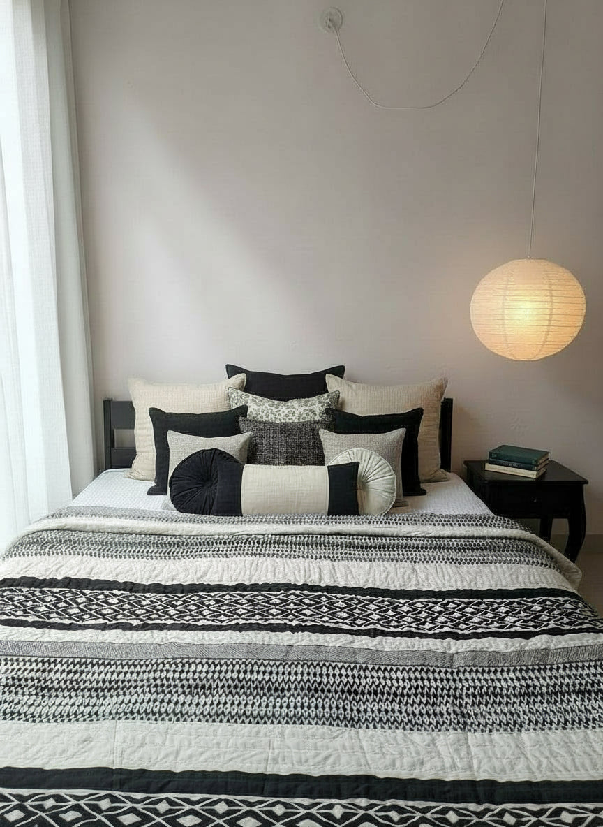 THE DUO KING SIZE QUILT - MONOCHROME WITH GEOMETRIC MOTIFS