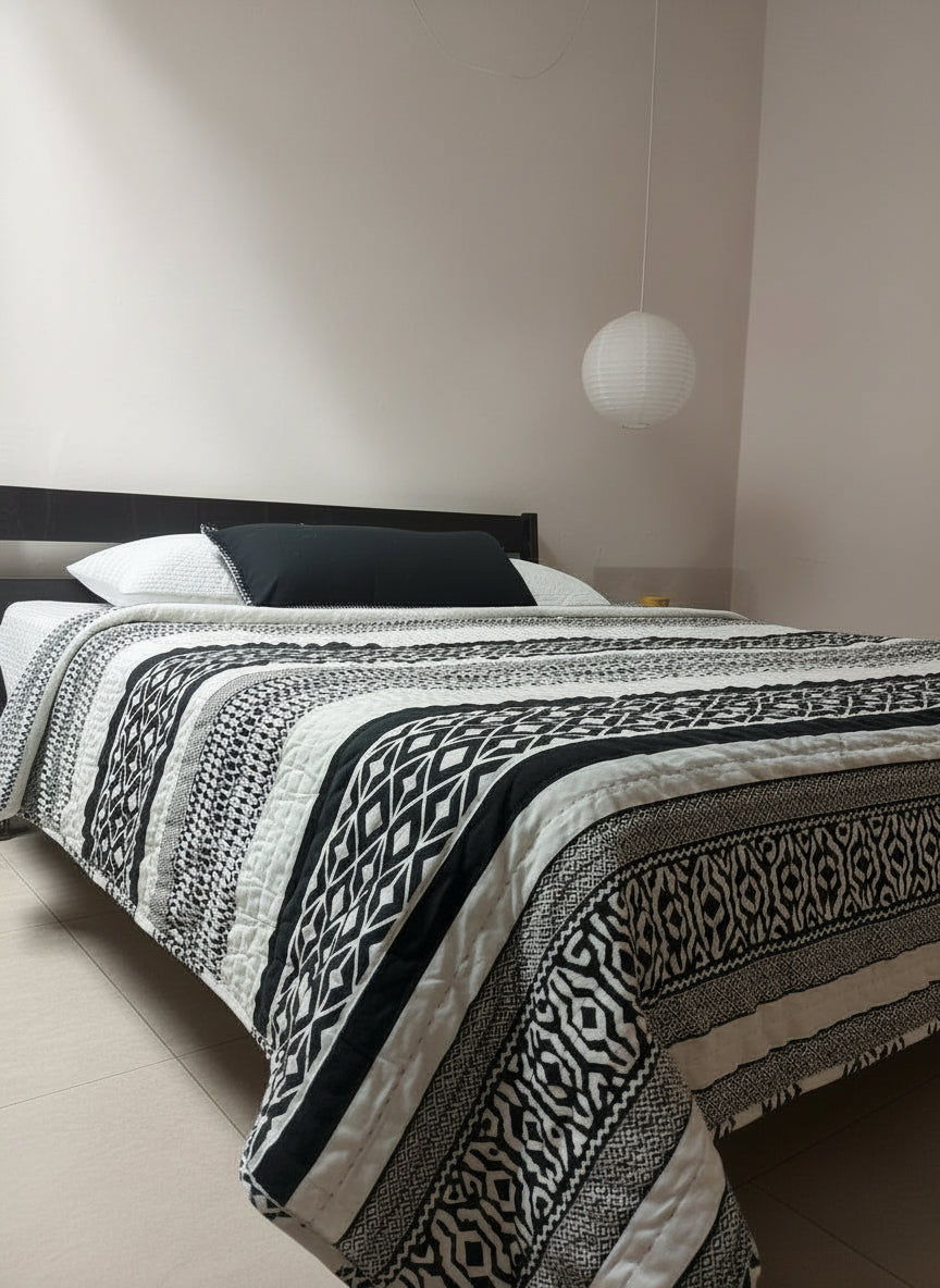THE DUO KING SIZE QUILT - MONOCHROME WITH GEOMETRIC MOTIFS