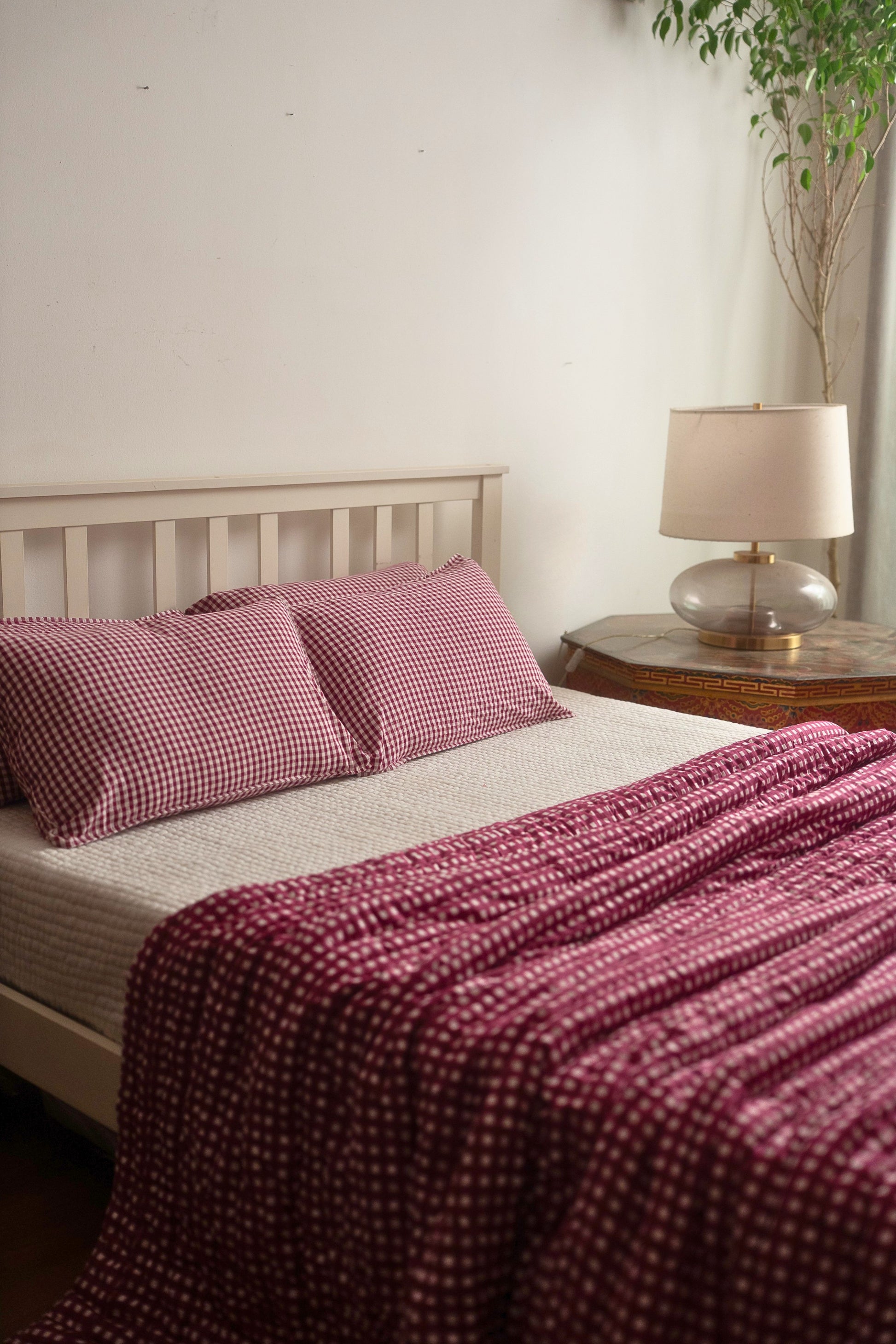 JAMUN CHECK AND STRIPE REVERSIBLE QUILT SET - BERRY