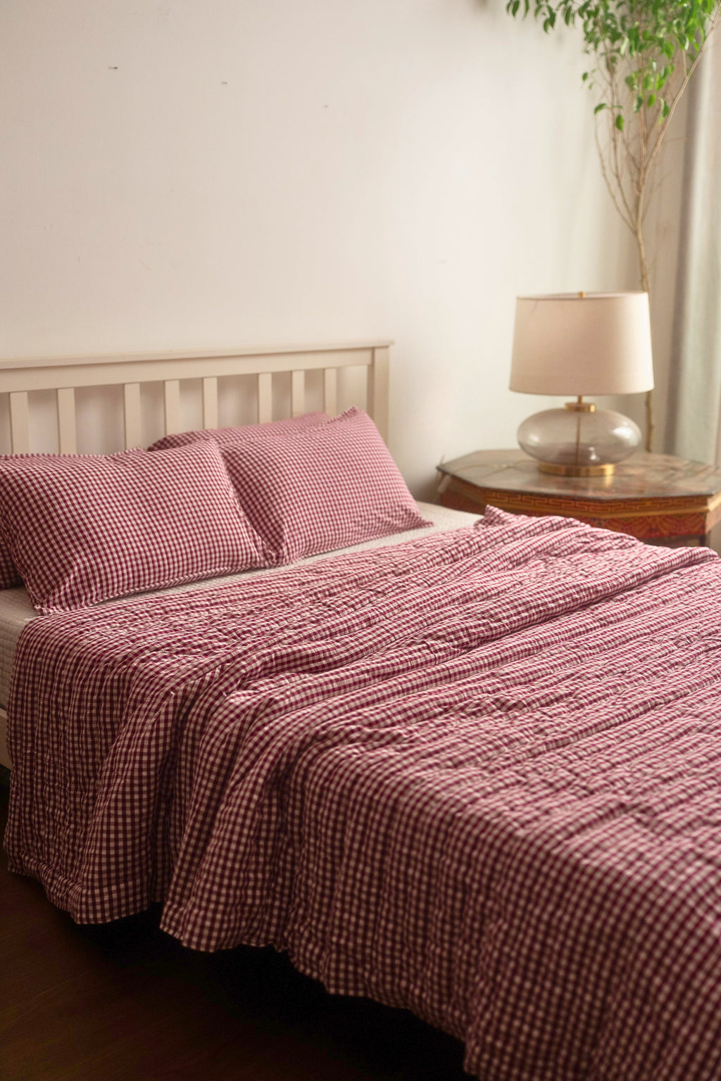 JAMUN CHECK AND STRIPE REVERSIBLE QUILT SET - BERRY