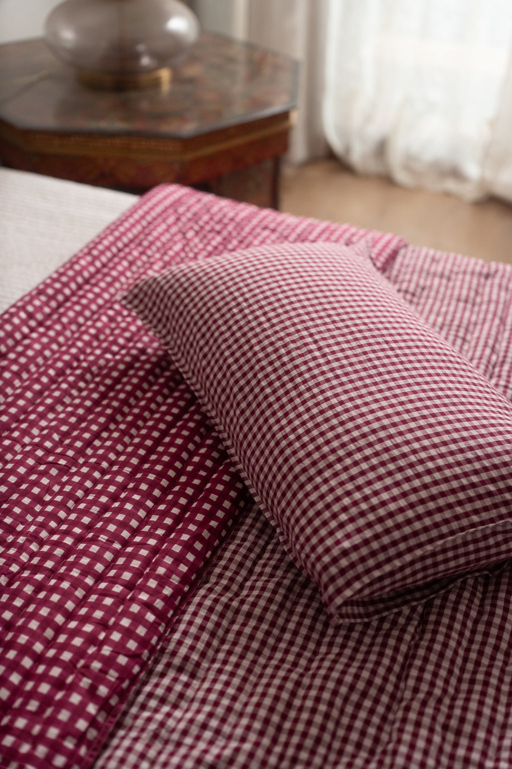 JAMUN CHECK AND STRIPE REVERSIBLE QUILT SET - BERRY