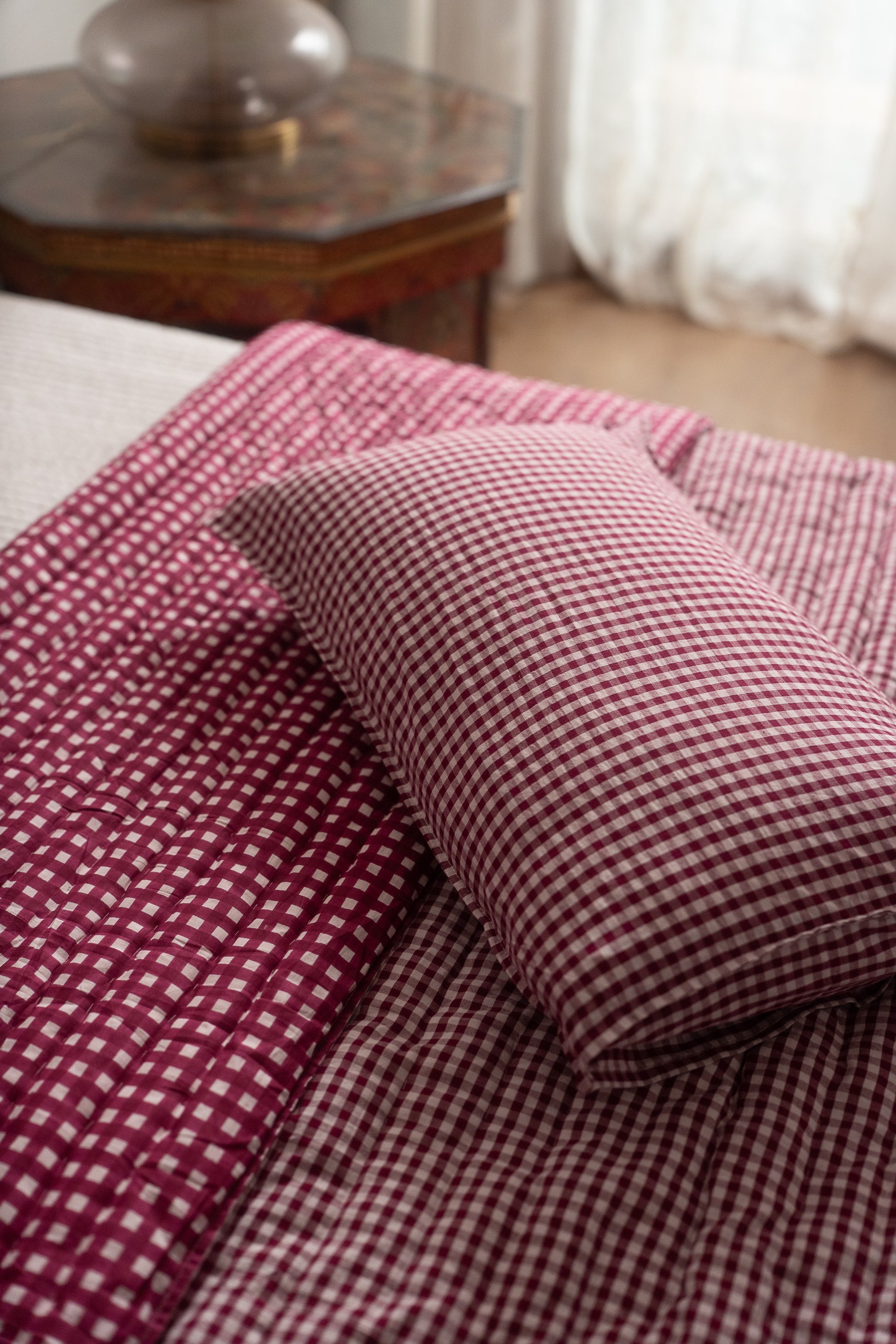 JAMUN CHECK AND STRIPE REVERSIBLE QUILT SET - BERRY