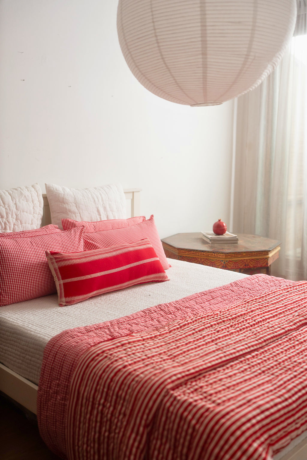 LAC CHECK AND STRIPE REVERSIBLE QUILT SET - RED