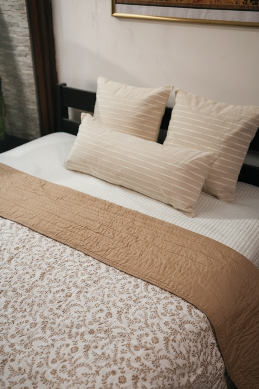 LEH REVERSIBLE QUILT - BEIGE BASE WITH FLORAL MOTIFS