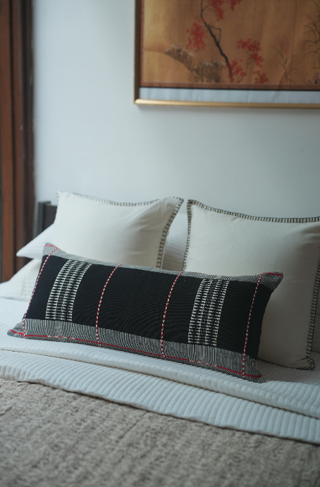 KIZIL HANDWOVEN LUMBAR - BLACK AND WHITE WITH RED EMBELLISHMENTS