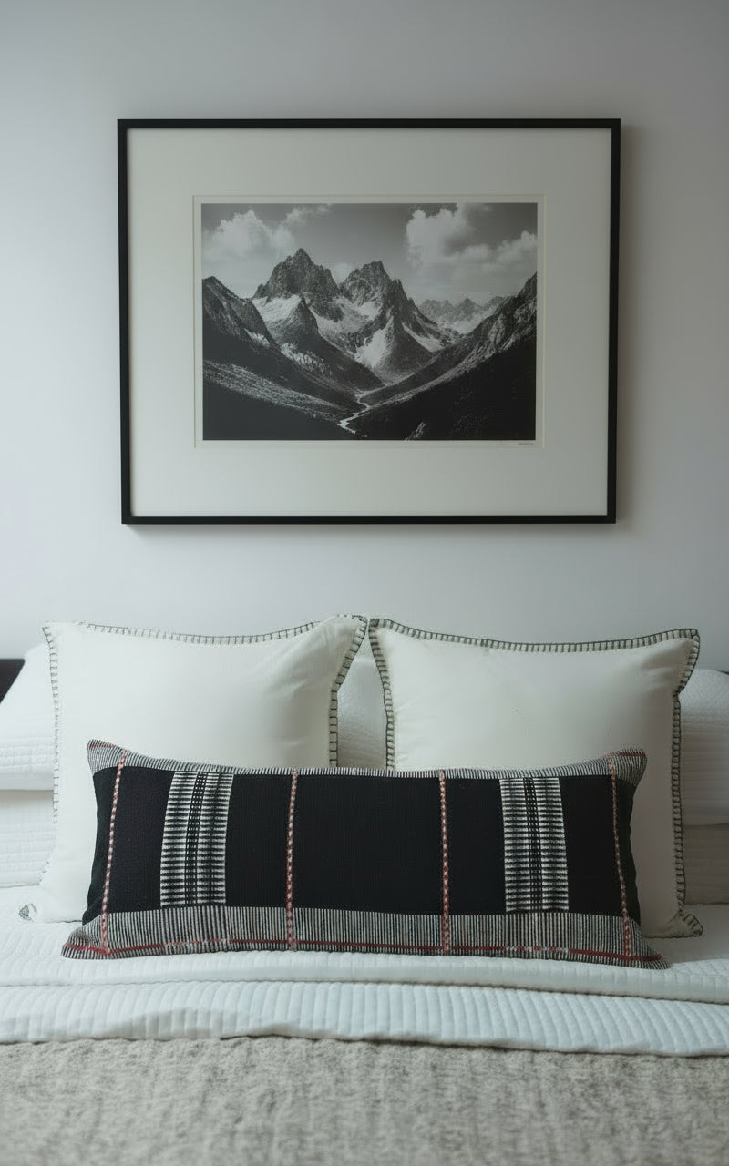 KIZIL HANDWOVEN LUMBAR - BLACK AND WHITE WITH RED EMBELLISHMENTS