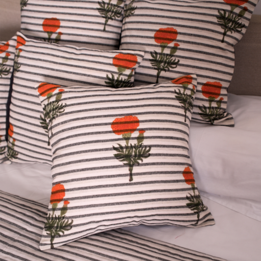 GENDA HANDBLOCK CUSHION - ORANGE WITH STRIPES