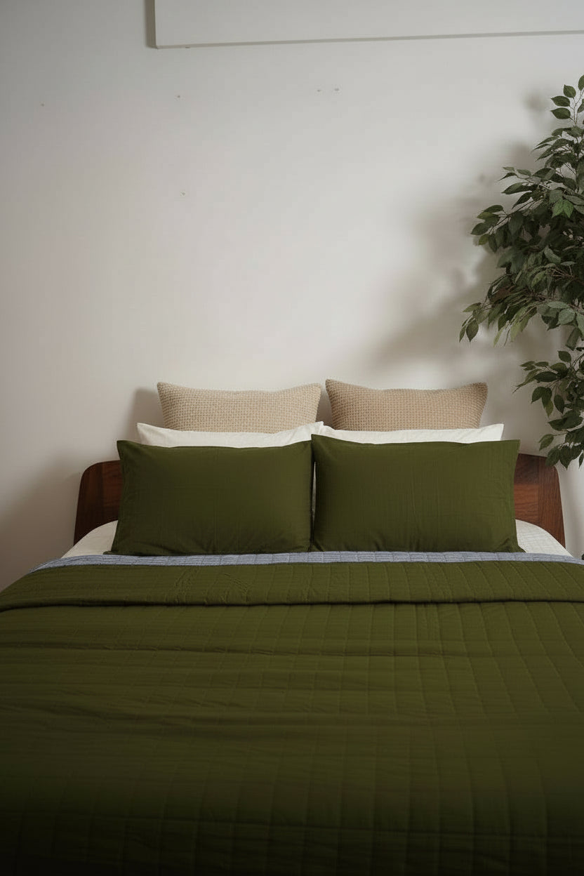 FERN REVERSIBLE QUILT SET - OLIVE GREEN WITH NAVY PINSTRIPES