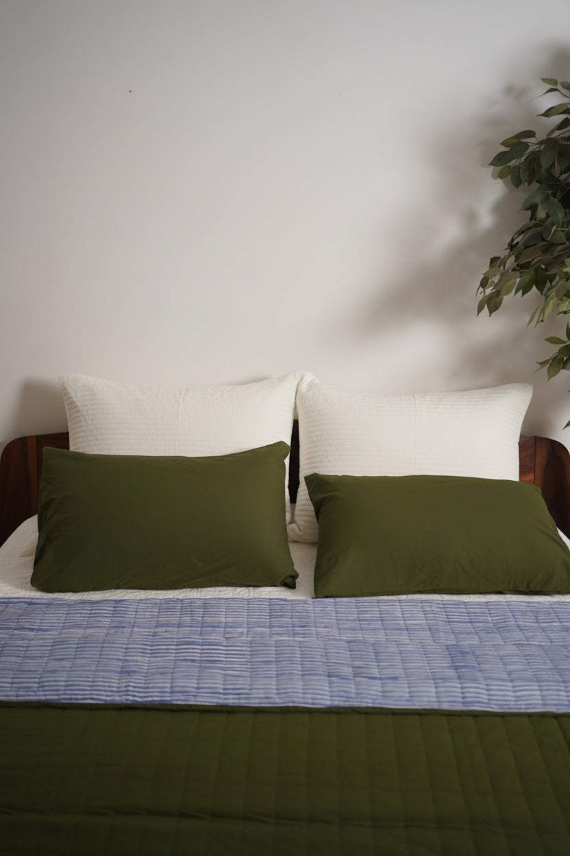 FERN REVERSIBLE QUILT SET - OLIVE GREEN WITH NAVY PINSTRIPES