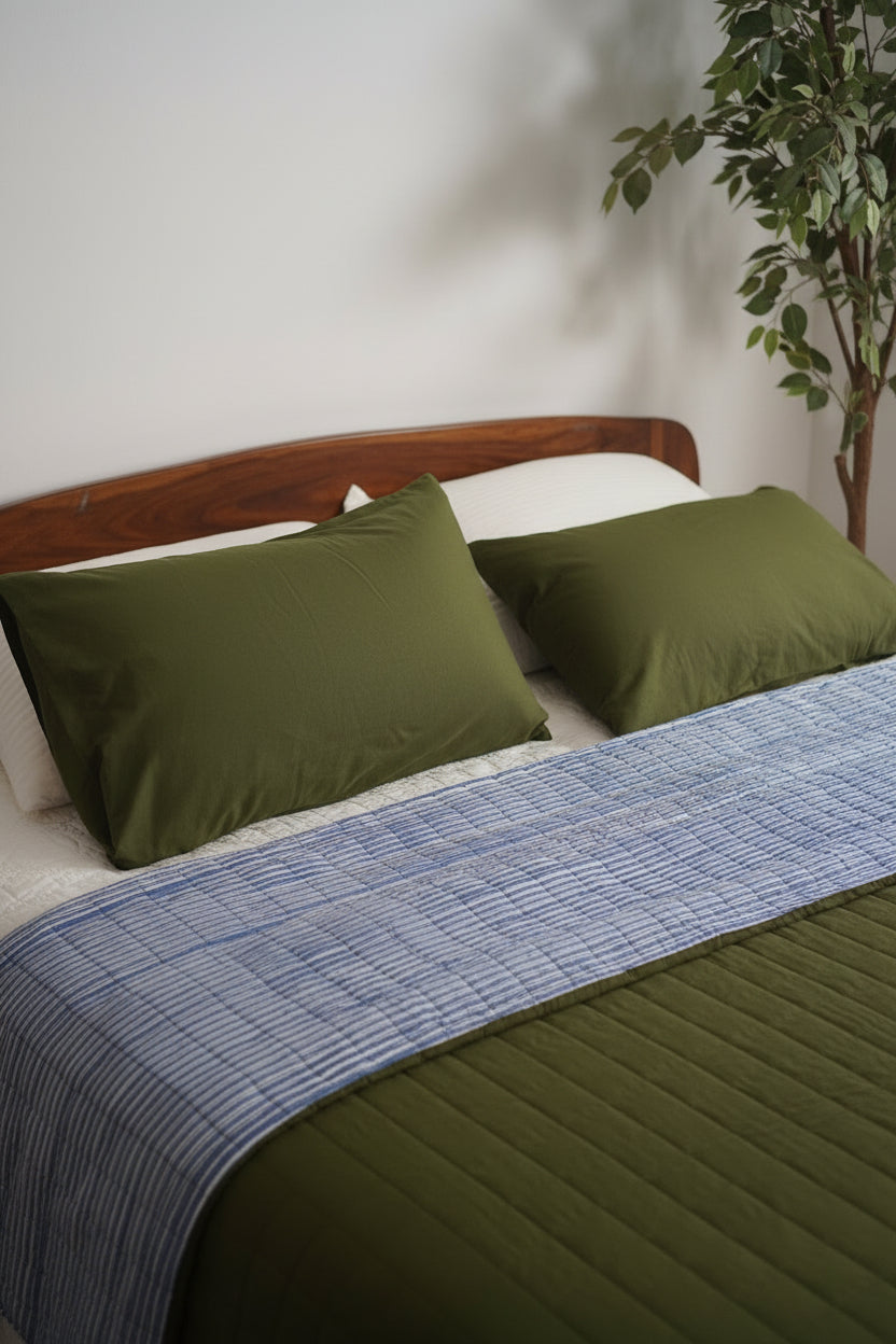 FERN REVERSIBLE QUILT SET - OLIVE GREEN WITH NAVY PINSTRIPES