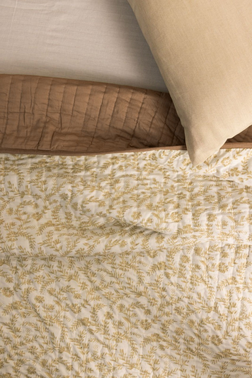 LEH REVERSIBLE QUILT - BEIGE BASE WITH FLORAL MOTIFS