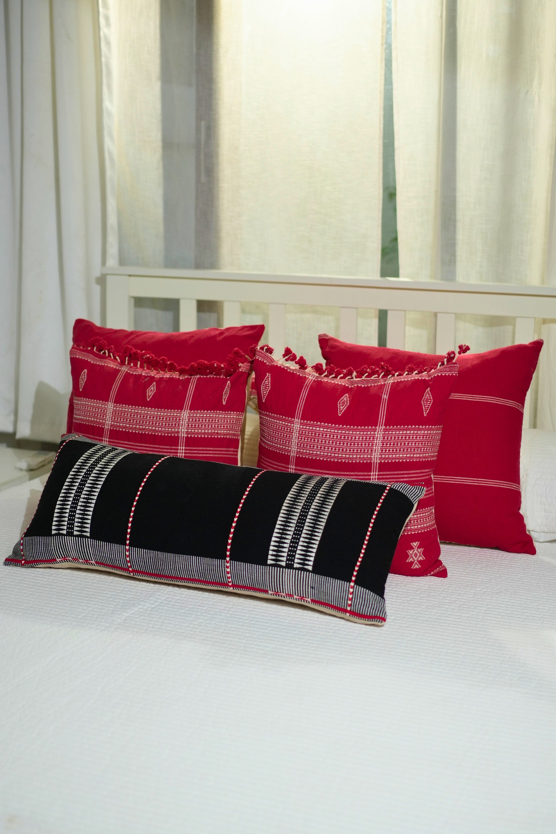 KIZIL HANDWOVEN LUMBAR - BLACK AND WHITE WITH RED EMBELLISHMENTS
