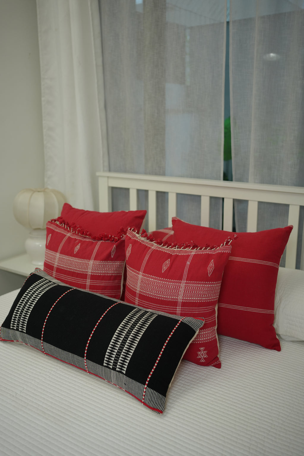 KIZIL HANDWOVEN LUMBAR - BLACK AND WHITE WITH RED EMBELLISHMENTS