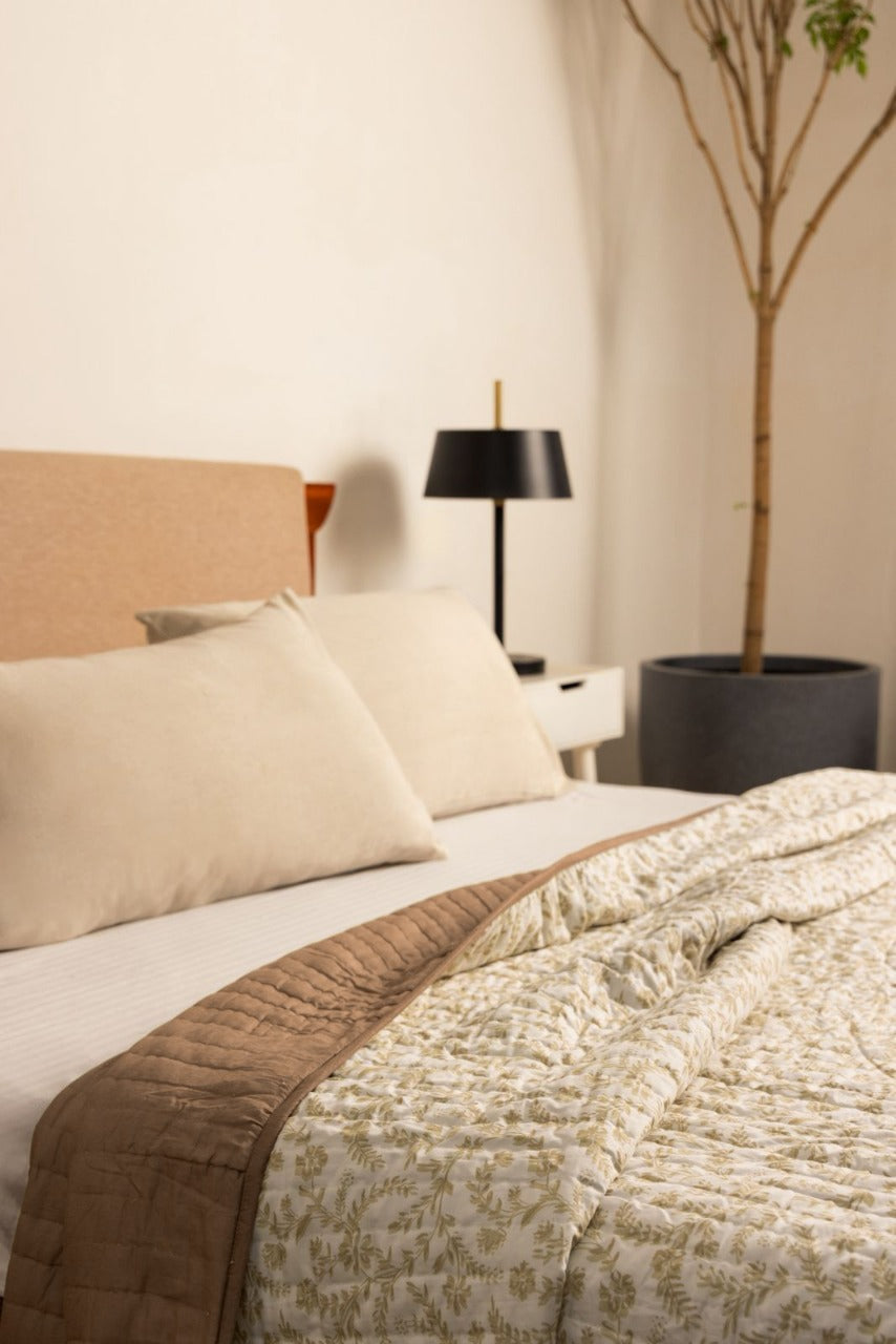 LEH REVERSIBLE QUILT - BEIGE BASE WITH FLORAL MOTIFS