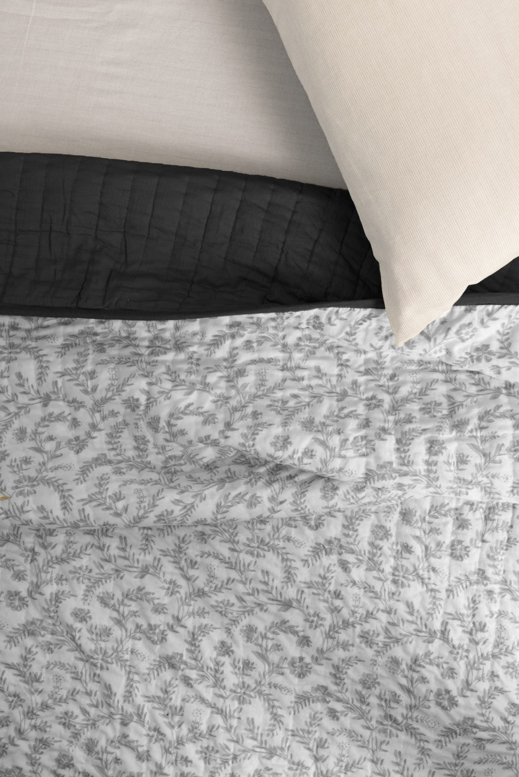 CHAAYA REVERSIBLE QUEEN SIZE QUILT - CHARCOAL GREY BLACK