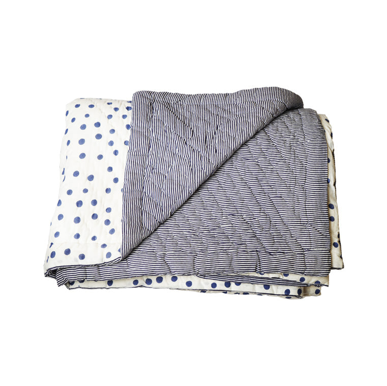 POLKA MEETS BOLD STRIPES REVERSIBLE QUILT - SKY BLUE