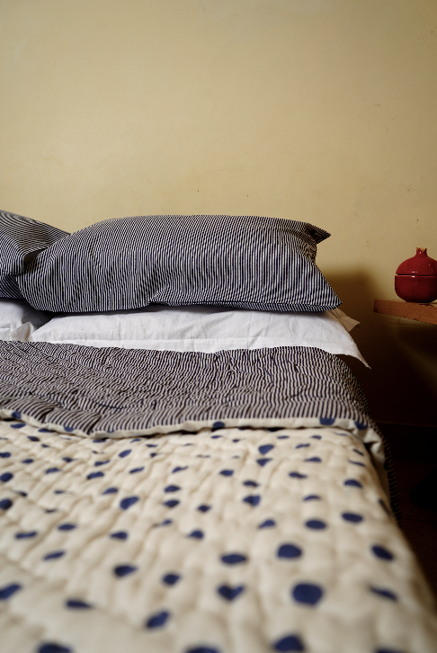 POLKA MEETS BOLD STRIPES REVERSIBLE QUILT - SKY BLUE